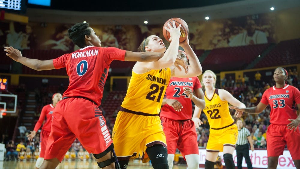 Junior forward Sophie Brunner takes a shot against Arizona on Friday, Jan. 22, 2016, at Wells Fargo Arena in Tempe. The Sun Devils defeated the Wildcats 61-49.