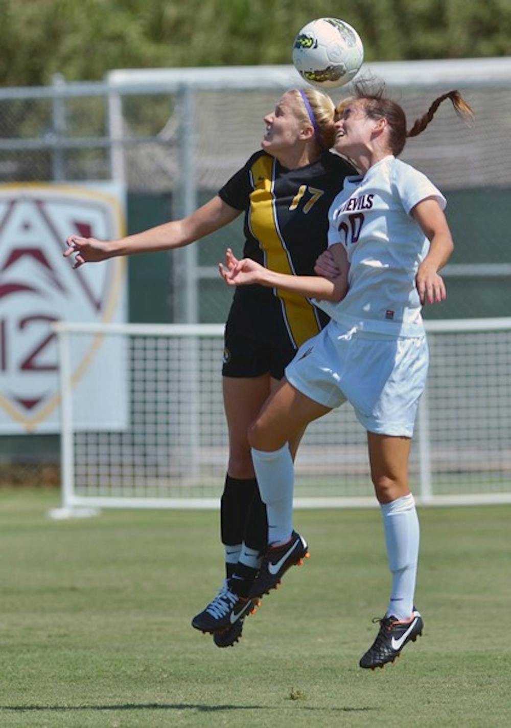 HEAD GAME: Redshirt freshman Miah Mollay heads a ball earlier this season. The Sun Devils tried this week to shake off a 5-0 loss to UCF. (Photo by Aaron Lavinsky)