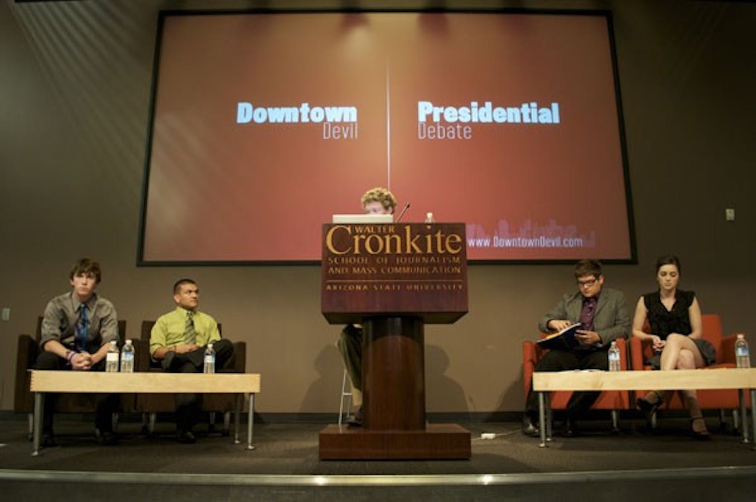 DOWNTOWN DEBATE: From the left: V.P. Vaughn Hillard, President Andres Cano, debate moderator Dan Neligh, Presidential candidate Christian vasquez, VP candidate Jessica Abercrombie in the first amendment forum of the Cronkite School The debate was run by the Downtown Devil. (Photo by Molly Smith)