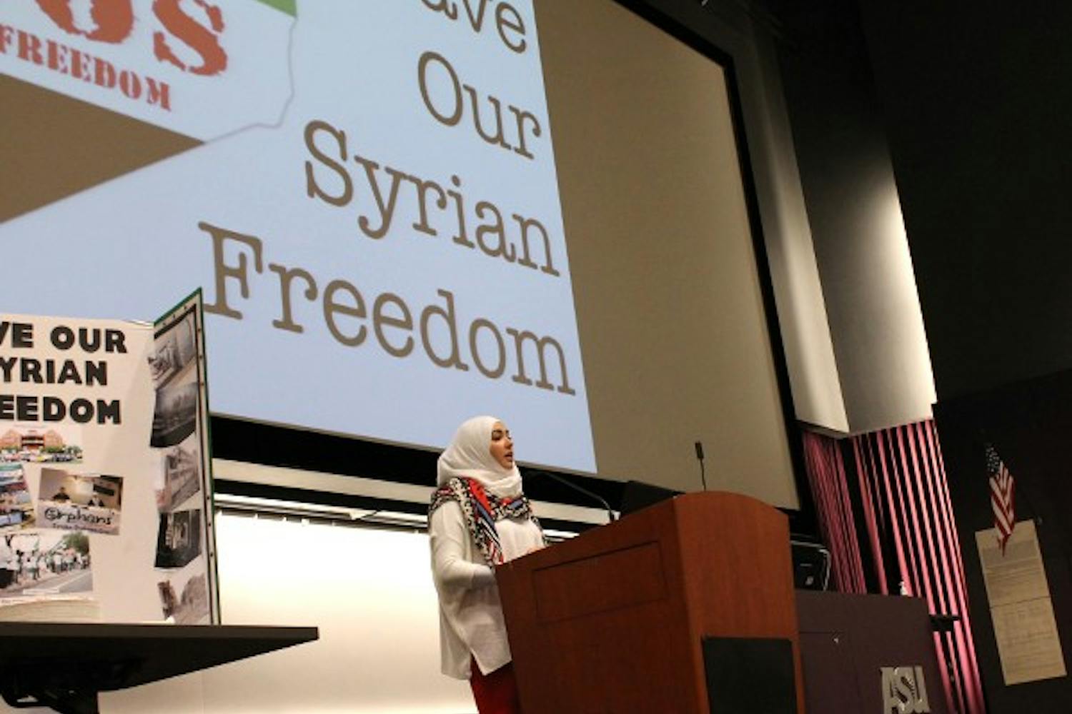 Yisser Bittar, 23 and advocate of the Syrian American Council, speaks at an event hosted by Save Our Syrian Freedom. (Photo by Laura Davis)