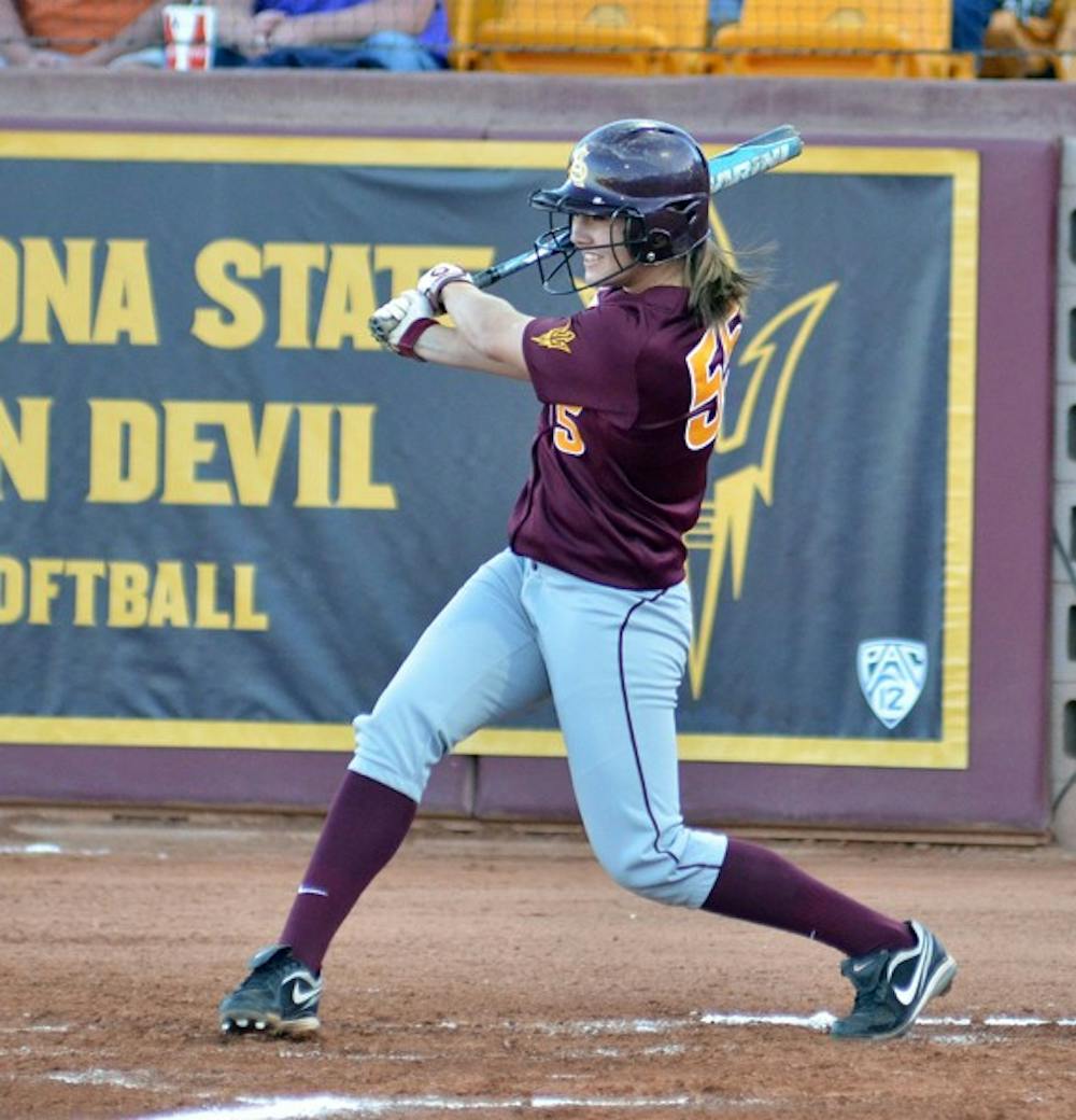 Elizabeth Caporuscio watches the ball after making contact in a game on Feb. 10. Caporuscio’s walk-off home run against Iowa gave the Sun Devils momentum in the Littlewood Classic. (Photo by Aaron Lavinsky)