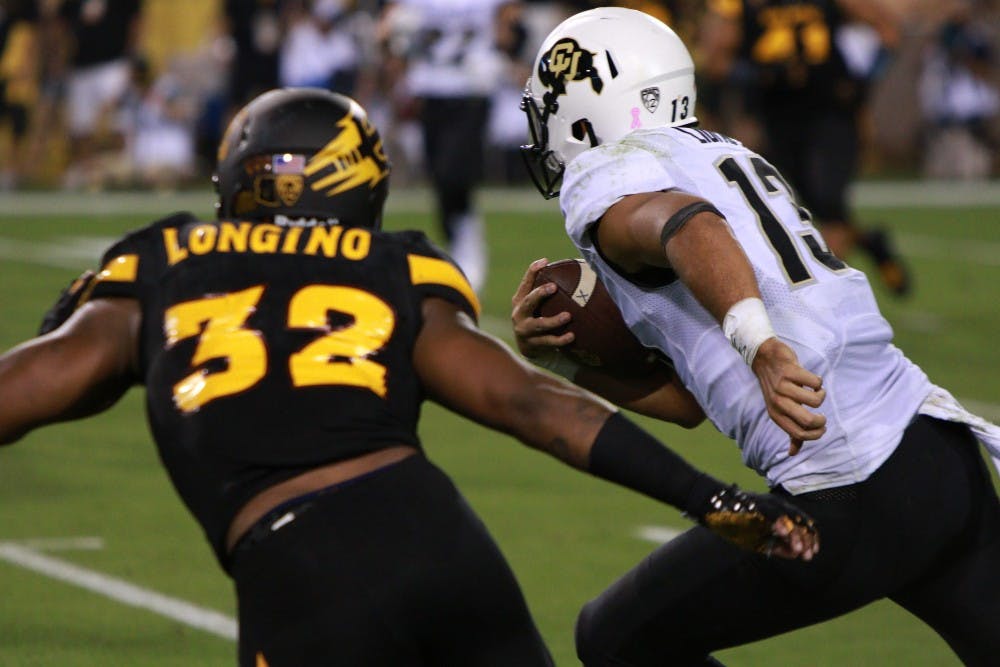 Redshirt senior linebacker Antonio Longino (32) pursues Buffaloes' quarter back in the third quarter against Colorado on Saturday, Oct. 10, 2015, at Sun Devil Stadium in Tempe. The Sun Devils defeated the Buffaloes 48-23.