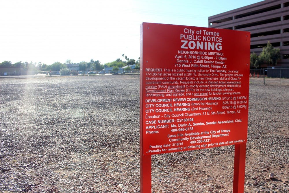 A dirt lot is on the northeast corner of University Drive and Farmer is pictured on Sunday, April 17, 2016, where a new apartment complex has been proposed to be built.