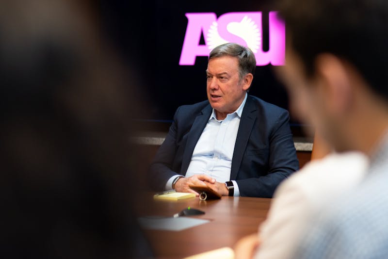 President Michael Crow answers questions from State Press staff at the Fulton Center in Tempe, Arizona on Thursday, Sept. 26, 2019. The pandemic would later drive many meetings online, including the student forum with Crow.