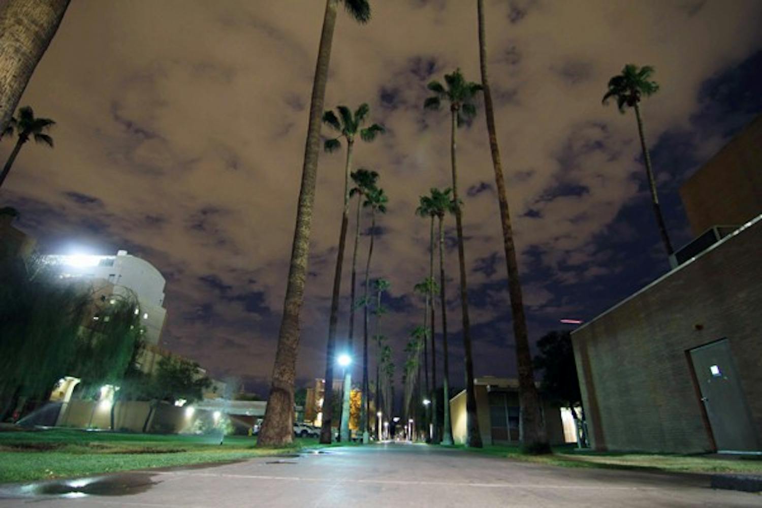 SEA OF WHITE: Clouds glow over Palm Walk on Tempe campus late Tuesday night. (Photo by Lisa Bartoli)