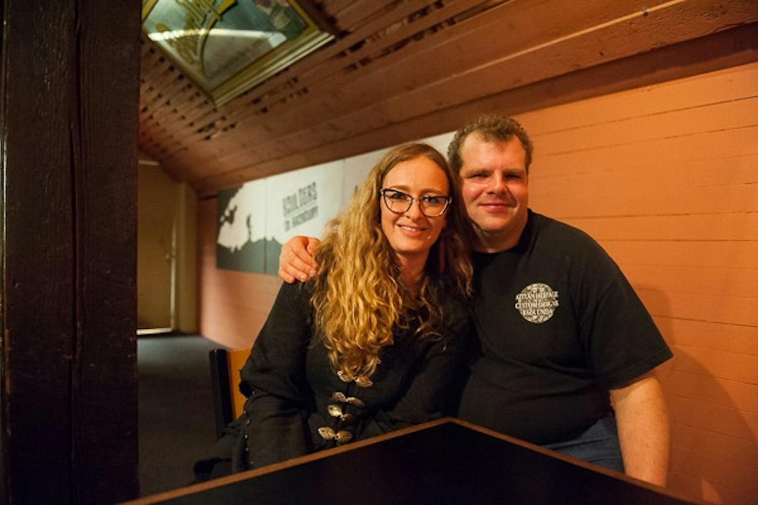 Family and human development graduate student Flora Farago (left) and justice studies graduate student Pieter Turley pose for a portrait at Boulders on Broadway on Sunday, Feb. 22, 2015 in Tempe. Farago, a student representative on the Tempe campus' Committee for Campus Inclusion, and Turley, vice president of Local to Global Justice, attended a community dialog at the restaurant Sunday evening to discuss ways of addressing ASU's response to white nationalist groups on campus. (Ben Moffat/The State Press)
