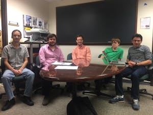 Steve Presse (second from left)&nbsp;and his&nbsp;lab team&nbsp;pose for a photo&nbsp;at&nbsp;ASU's&nbsp;George M.&nbsp;Bateman Physical Science Center on the Tempe campus&nbsp;on Wednesday, March 29, 2017.