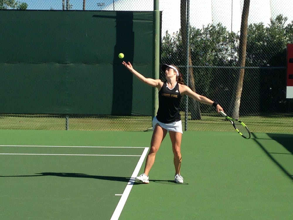 ASU tennis senior Alexandra Osborne hits a serve during the ASU Thunderbird Invitational on Friday, Nov. 4, 2016,&nbsp;at the Whitman Tennis Center in Tempe, Arizona.