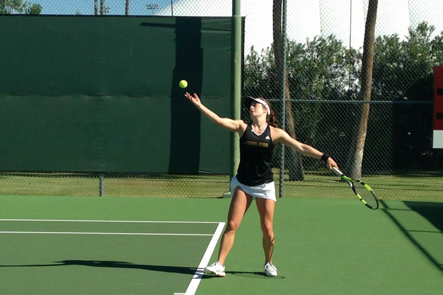 ASU tennis senior Alexandra Osborne hits a serve during the ASU Thunderbird Invitational on Friday, Nov. 4, 2016,&nbsp;at the Whitman Tennis Center in Tempe, Arizona.