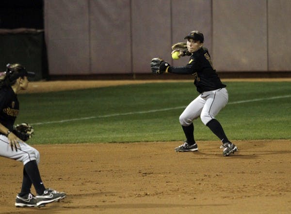 Katelyn Boyd prepares to throw a runner out at first base during the Littlewood Classic on Feb. 17. Boyd is 28 RBI shy of breaking ASU legend Katie Cochran’s career record. (Photo by Sam Rosenbaum)