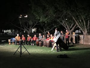 The ASU Drum Ensemble performing Ghana traditional music at the Student Services Lawn&nbsp;Monday April 24, 2017.