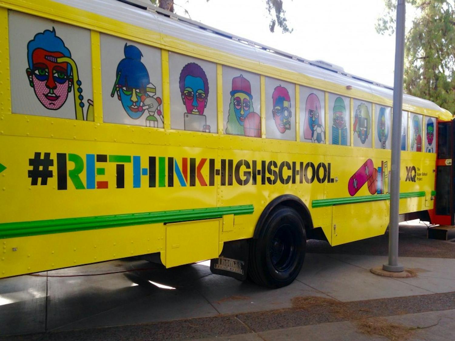 XQ: The Super School project bus is pictured outside of the Memorial Union on the Tempe campus on Monday, April 25, 2016, to advocate for high school education reform.