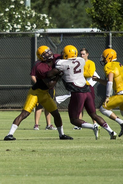 Freshman linebacker Christian Sam practices in Tempe on Sept. 10. With Spur linebacker Laiu Moeakiola injured, Sam is stepping up. (Photo by Alexis Macklin)