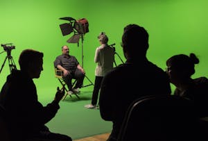 Journalism student Lahela Maxwell uses the green screen at Sun Studios to interview Professor Janaki Cedanna with an audience of film students. Friday, Feb. 03, 2017. 