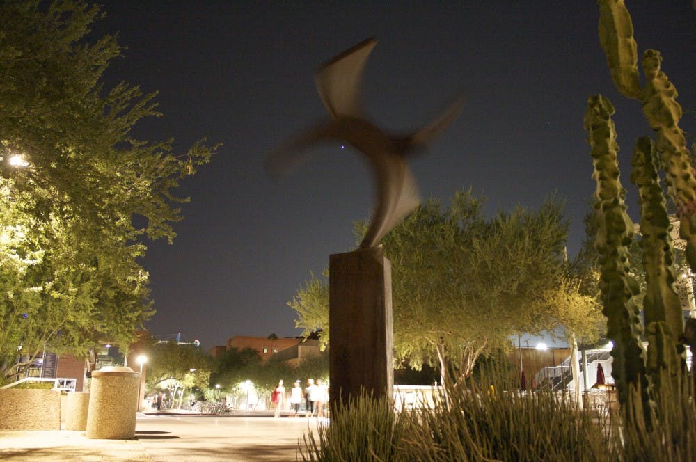 INTERESTING ART: A piece made in 1979 by the artist Gary Slater titled "Devil Dancer" sits outside the North end of the Memorial Union. (Photo by Scott Stuk)