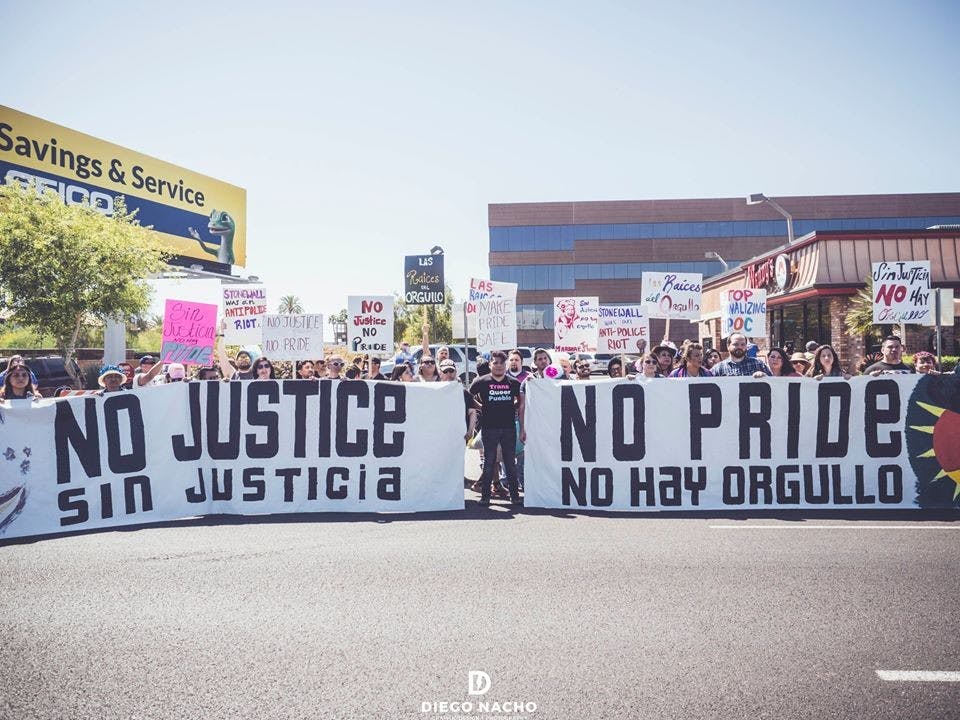 Trans Queer Pueblo marched in protest of Phoenix Pride Organization's collaboration with law enforcement and corporate&nbsp;sponsors on April 2, 2017.&nbsp;