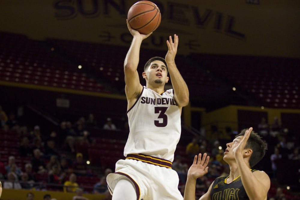 ASU freshman guard Sam Cunliffe (3) goes up for a shot in the paint in a 98-53 exhibition victory over the UC Santa Cruz Banana Slugs in Wells Fargo Arena in Tempe, Arizona, on Thursday, Nov. 3, 2016.