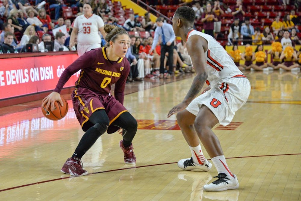 Red shirt junior Katie Hempen shows some skillful ball handling Friday night against Utah. The Sun Devils win the game 45-42 over the Utes on Feb. 27, 2015 at the Wells Fargo Arena in Tempe. (J. Bauer-Leffler/The State Press)