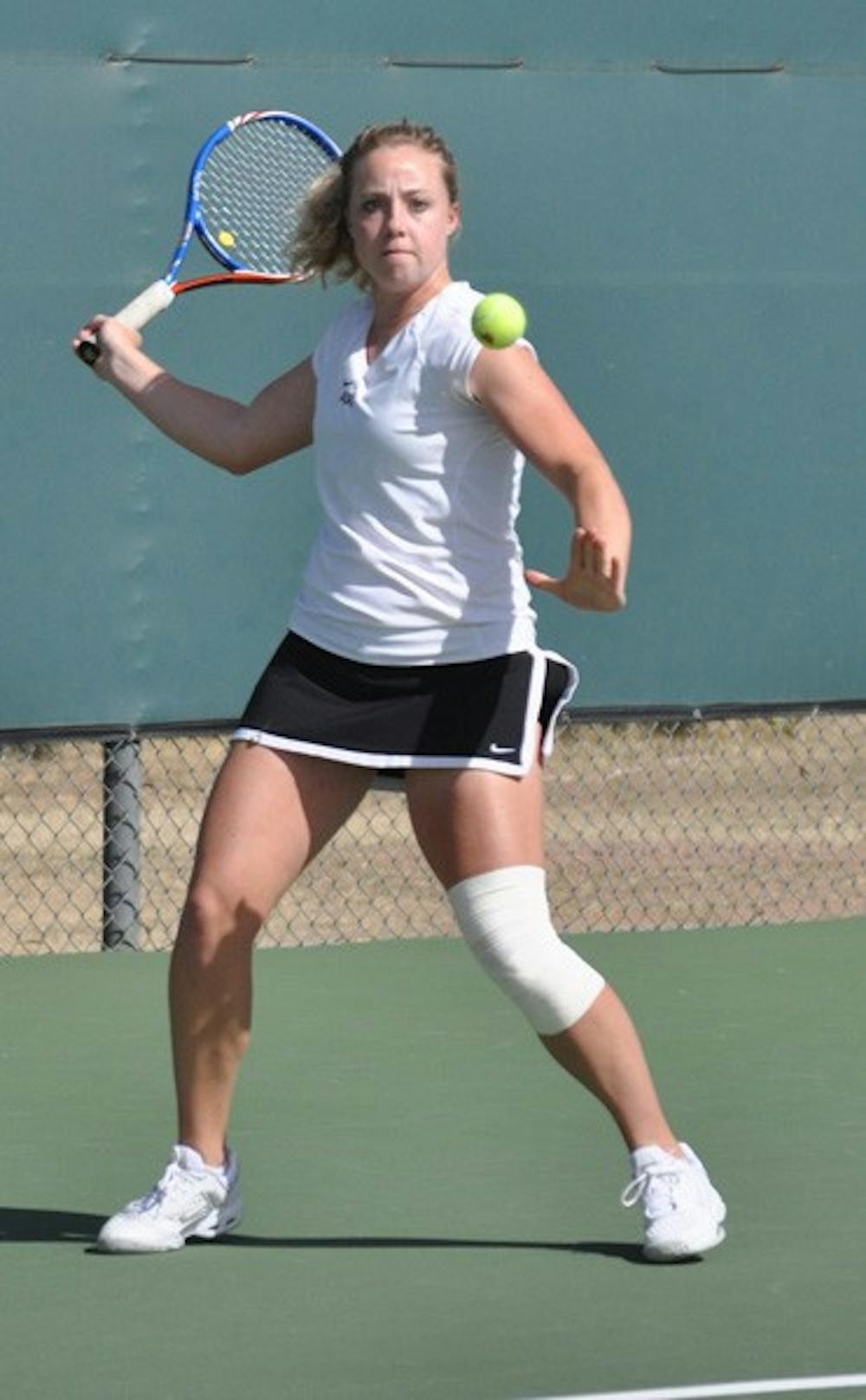 Road Travels: ASU sophomore Hannah James prepares for a forehand against Pacific on Feb. 13. The Sun Devils travel to Austin, Texas, on Friday for matchups against South Florida and Texas. (Photo by Sierra Smith)