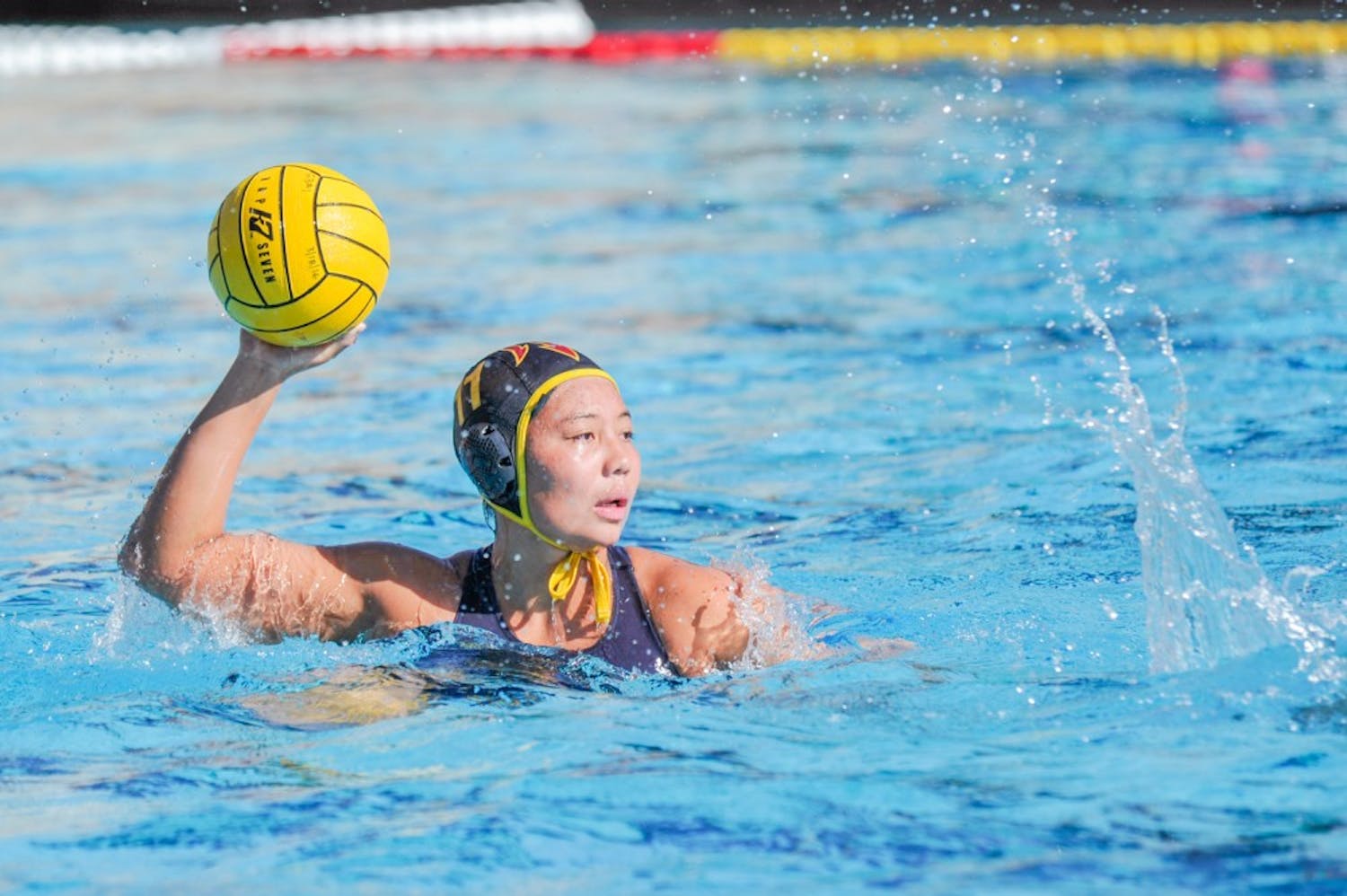 Senior Ao Gao looks for the pass&nbsp;against the University of Pacific on Sunday, March 20, 2016 at the Mona Plummer Aquatic Complex in Tempe, AZ. ASU water polo won 5-3.