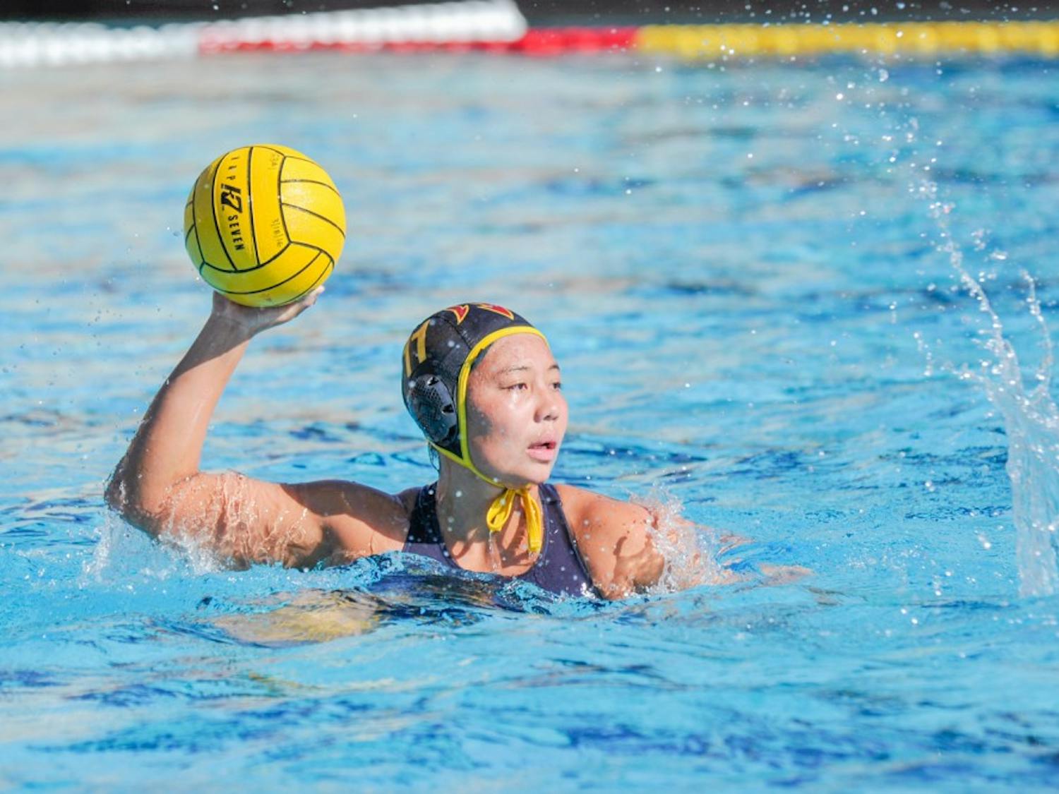 Senior Ao Gao looks for the pass&nbsp;against the University of Pacific on Sunday, March 20, 2016 at the Mona Plummer Aquatic Complex in Tempe, AZ. ASU water polo won 5-3.