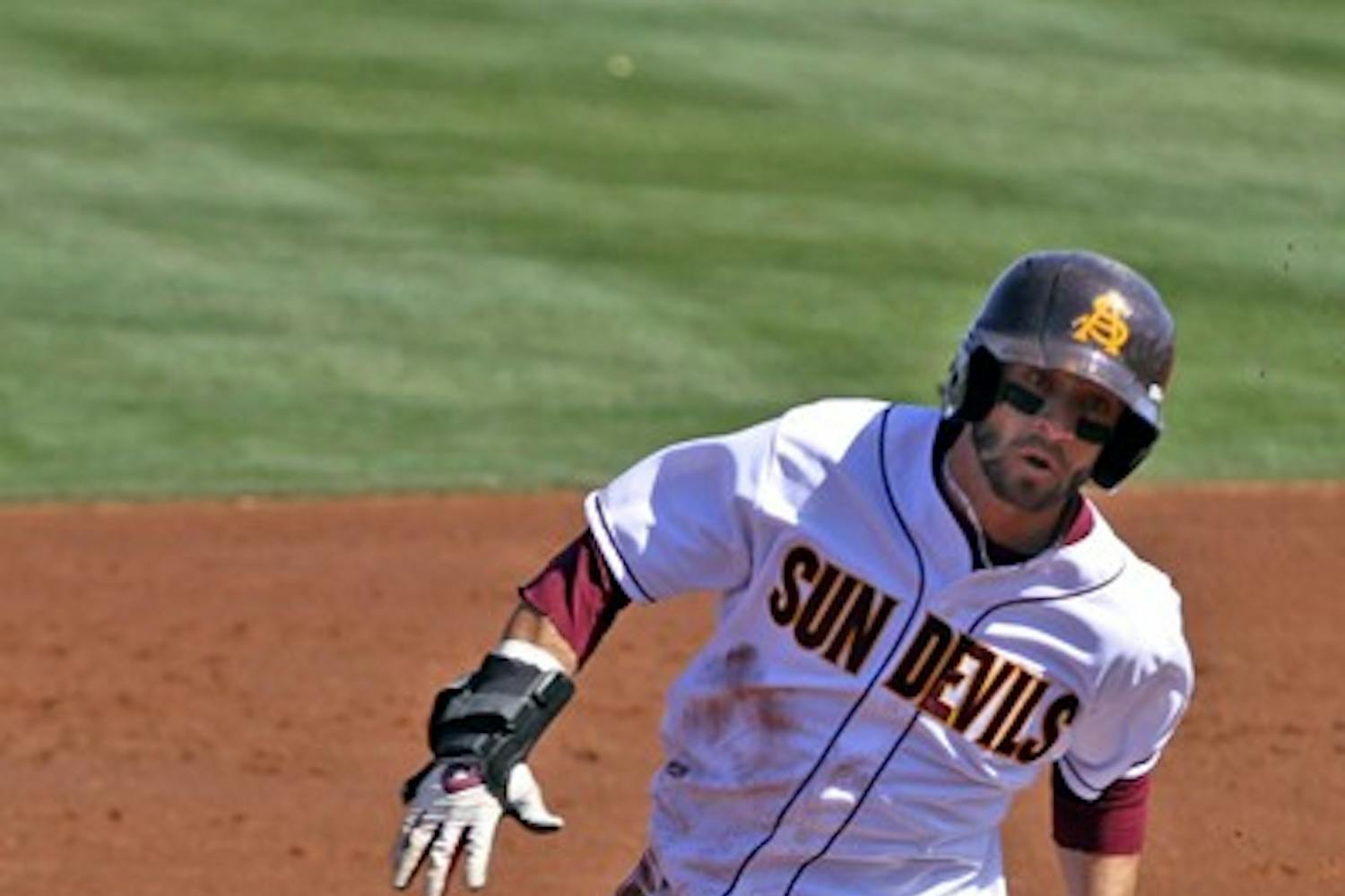 Andrew Aplin runs the bases in a game against UC Riverside on Feb. 26. Aplin’s strong play over the weekend helped the Sun Devils win two of three against Long Beach State.  (Photo by Sam Rosenbaum)