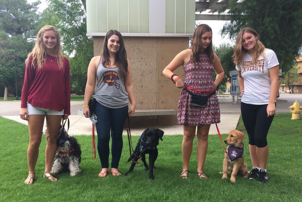 Biology sophomore Sydney McClure, kinesiology junior Taylor Randle, chemical engineering junior Rhiannon Olshansky and psychology sophomore Samantha Rodrigues pose with their service dogs Castle, Kristoff and McKenzie at the Memorial Union in Tempe on Saturday, Oct. 17, 2015.