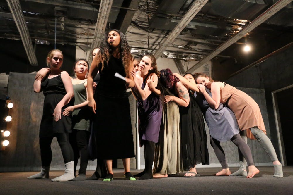 Actors rehearse 'Women of War' in the Tempe Center on Wednesday, April 20, 2016, the night before opening. 