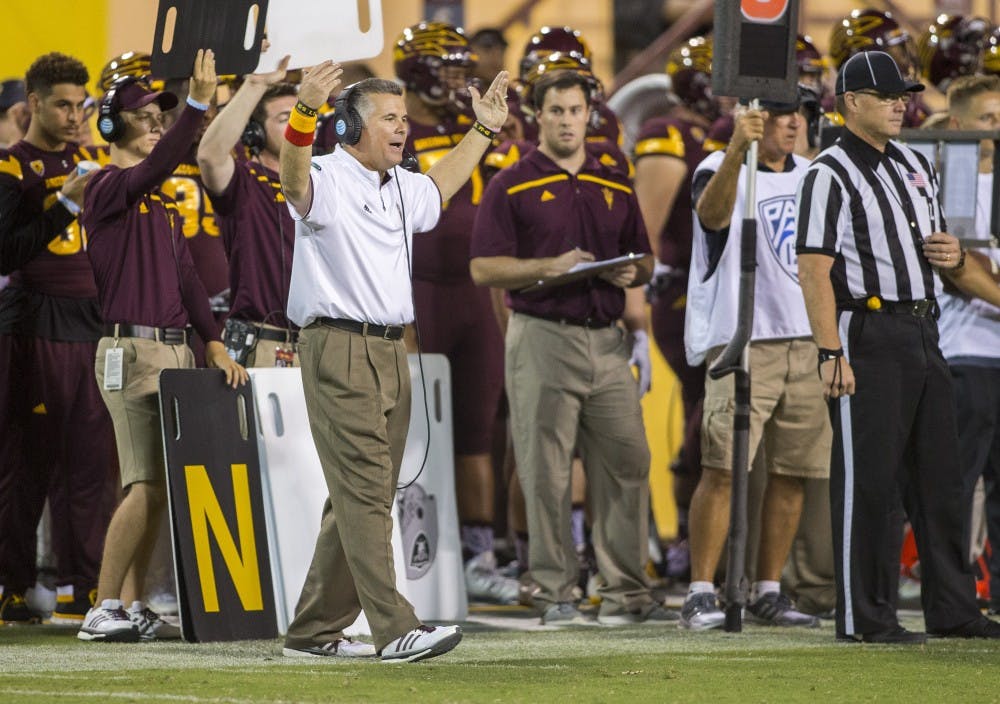 ASU head coach Todd Graham reacts to a play during a contest against USC on Saturday, Sept. 26, 2015, at Sun Devil Stadium in Tempe. The ASU football squad lost to the visiting USC Trojans 42-14.