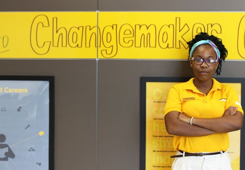Kamra Hakim stands in Changemaker Central Wednesday on the Tempe campus.  Chegg for Good and ONE sent eight American college students, including Hakim, on this once-in-a-lifetime trip to South Africa and Zambia in July. (Photo by Sam Rosenbaum)