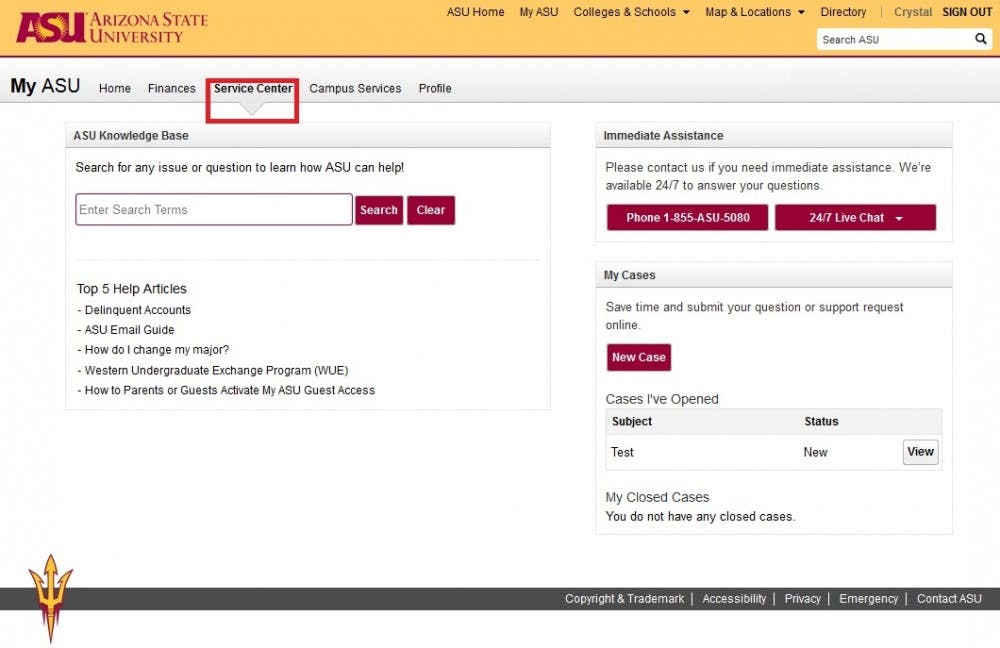 A new online resource on myASU, the Service Center, will help guide students to find answers and solutions to their problems. (Screencapture courtesy of Crystal Gustavson)