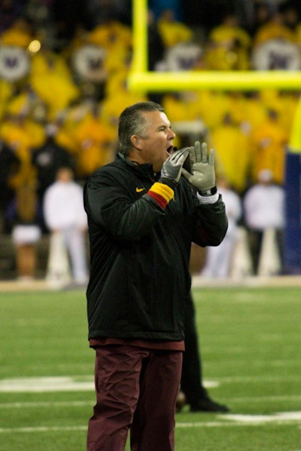 ASU football coach Todd Graham shouts to Sun Devil football players from the sideline during the game against Washington on Oct. 25. ASU defeated Washington 24-10. (Photo by Andrew Ybanez)