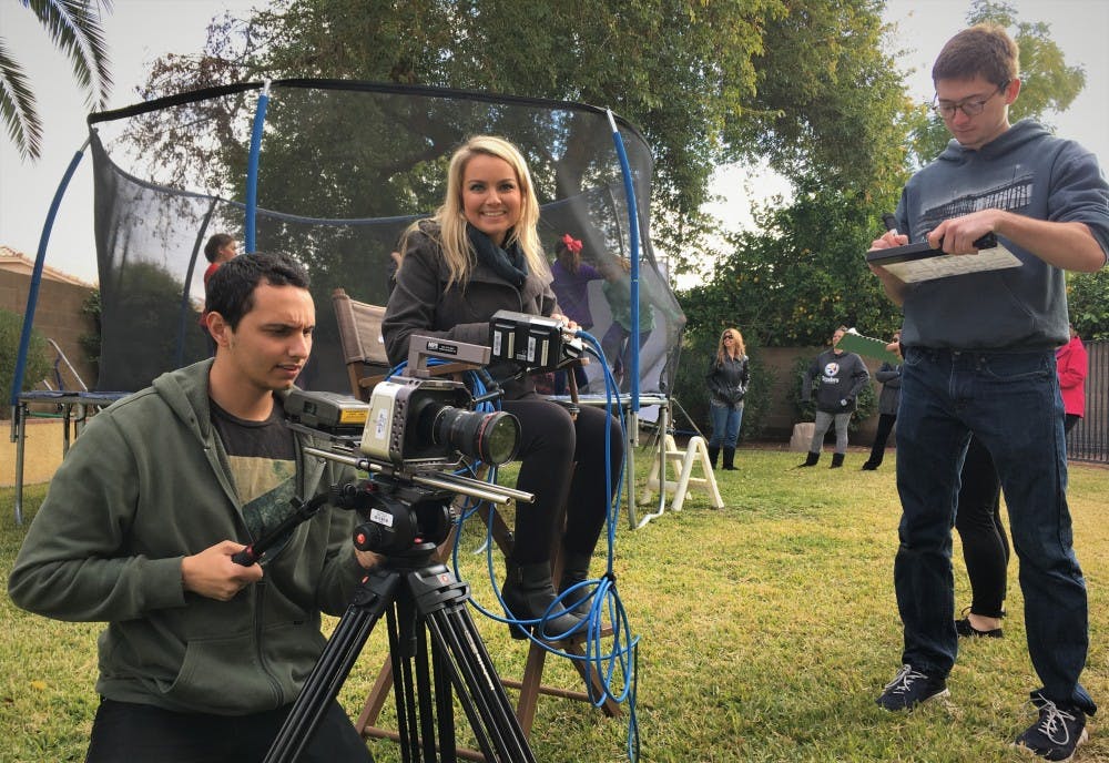 (From left to right) Evan Colten, director Kelly Lyng and&nbsp;Jacob Duell prepare to shoot "Papergirl" on Jan. 16, 2017.&nbsp;