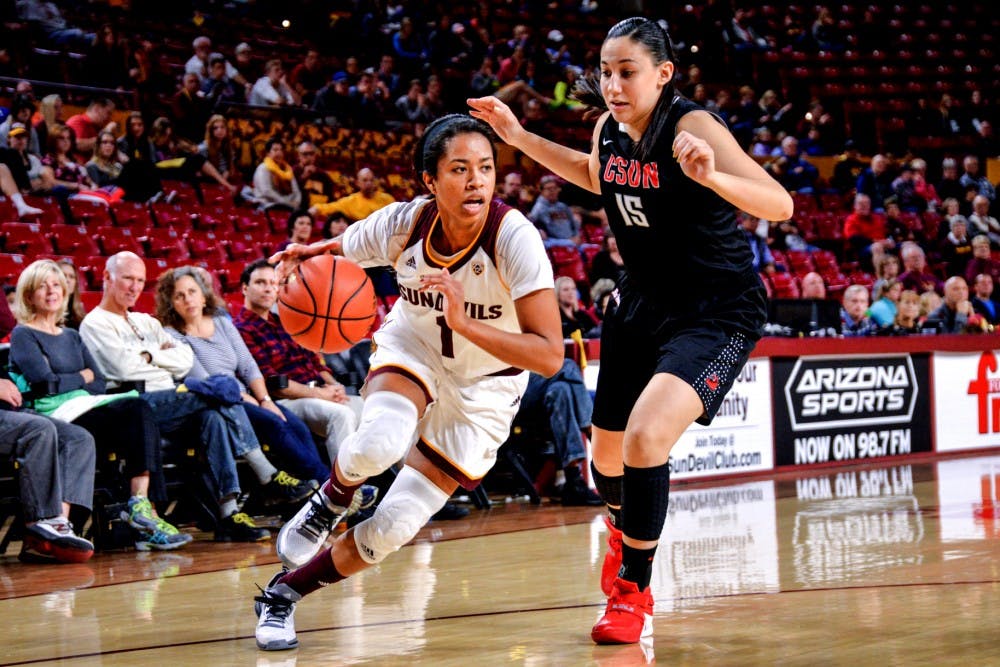 Senior guard Arnecia Hawkins ​(1) drives through CSUN defense to the basket for the score during the final moments of the first half on Monday, Dec. 28, 2015, in the Wells Fargo Arena in Tempe. 