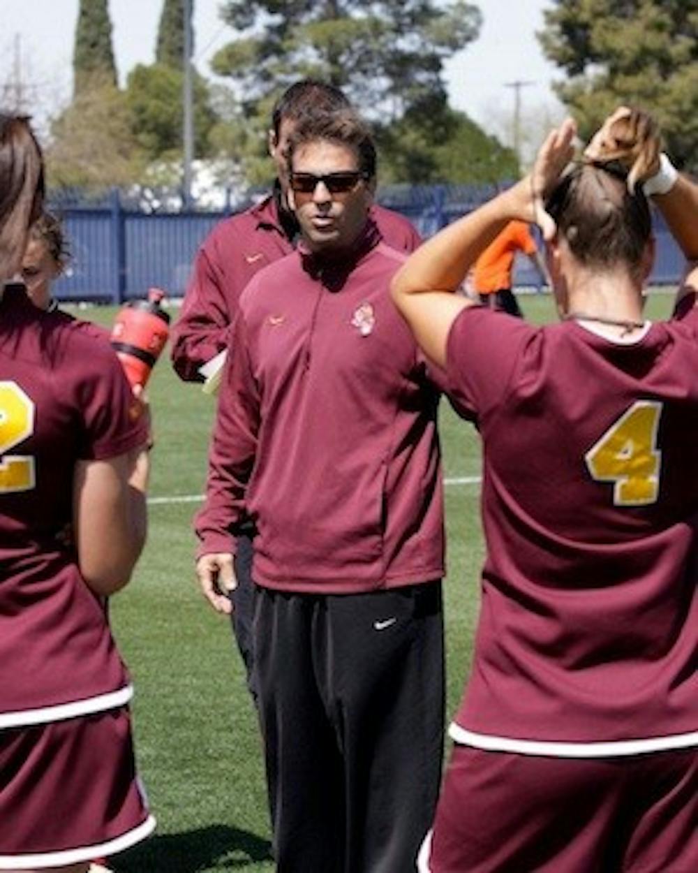 ASU women's soccer coach Kevin Boyd speaks to his team during a spring tournament game in March. (Photo Courtesy of Steve Rodriguez)