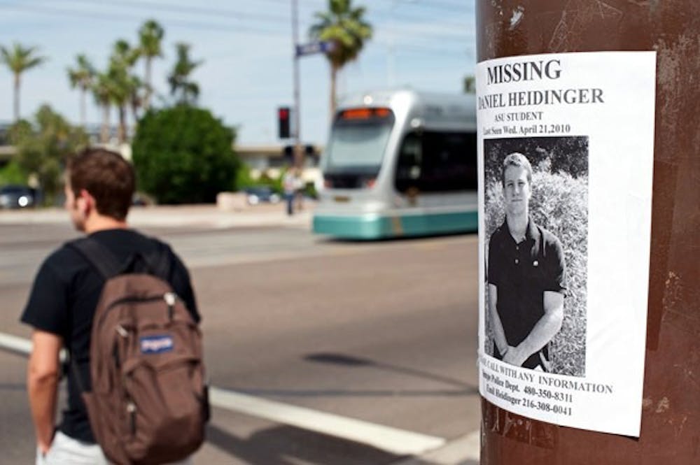 HELP FIND DANIEL: Fliers posted for missing ASU student Daniel Heidinger face the intersection of 6th Avenue and Veterans Way, near the light rail where Daniel was last seen. Students with any information related to his disappearance are encouraged to contact the Tempe Police Department. (Photo by Michael Arellano)