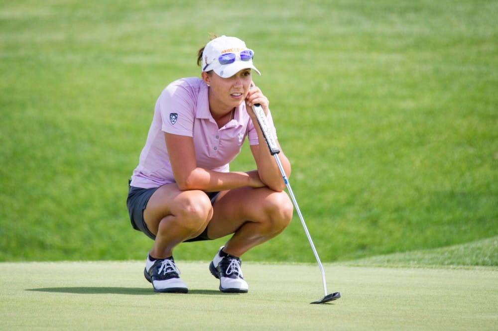 Junior Monica Vaughn assesses her putt on the ninth hole on Friday, April 8, 2016 during the 2016 Ping ASU Invitational at Karsten Golf Course in Tempe, Arizona.