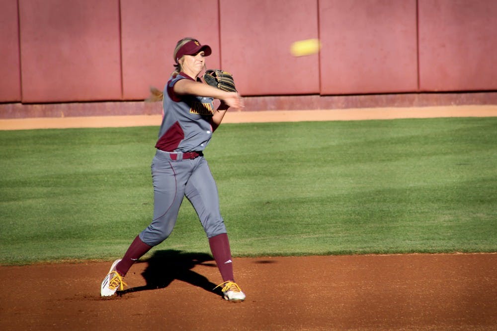 Freshman Avianna Davis throws the ball to the first baseman during the game against Minnesota on Friday, Feb. 26, 2016, at Farrigton Stadium in Tempe.