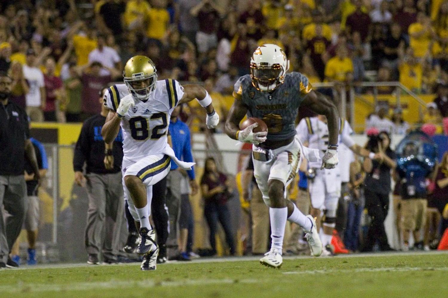 ASU redshirt senior cornerback Gump Hayes (8) intercepts a pass in the second half of the 23-20 victory over the UCLA Bruins in Sun Devil Stadium in Tempe, Arizona, on Saturday, Oct. 8, 2016.