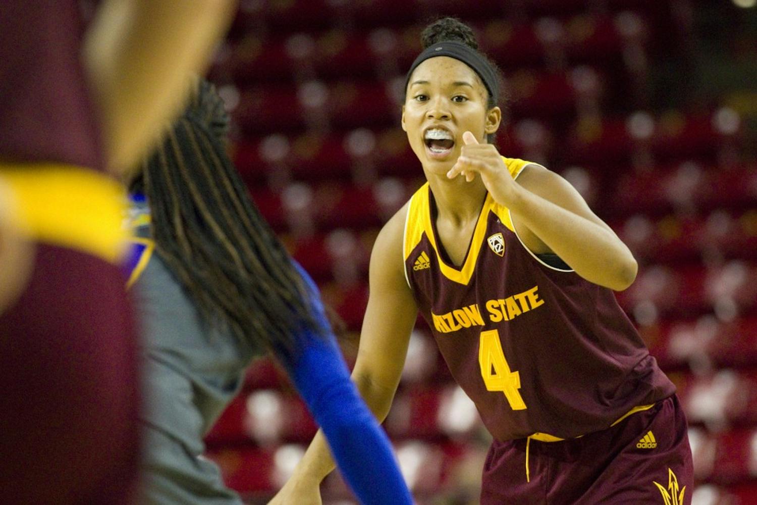 ASU freshman guard Kiara Russell (4) calls a play in the 82-37 victory over the San Jose State Spartans in Wells Fargo Arena in Tempe, Arizona, on Sunday, Nov. 13, 2016. Russell had 8 points and 3 assists in the win.