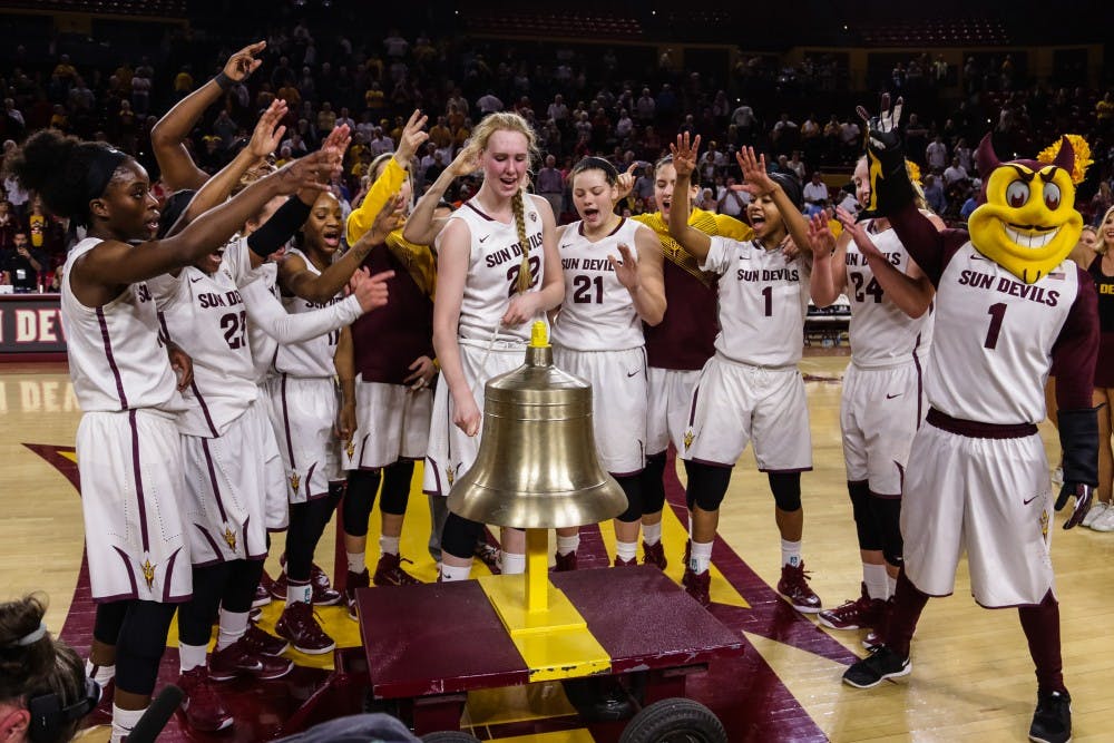 ASU center Quinn Dornstauder and the rest of the women’s basketball team ring in their 22nd win of the season at the ASU vs Stanford women’s basketball game on Feb. 6, 2015 at the Wells Fargo Arena. 