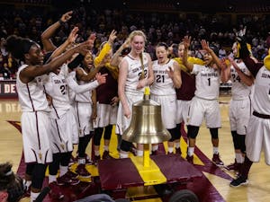ASU center Quinn Dornstauder and the rest of the women’s basketball team ring in their 22nd win of the season at the ASU vs Stanford women’s basketball game on Feb. 6, 2015 at the Wells Fargo Arena. 