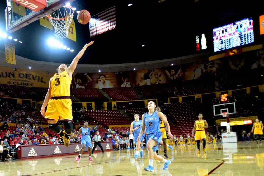 Arizona State guard Sabrina Haines (3) finishes a fastbreak layup&nbsp;against Columbia University on Sunday, Dec. 6, 2015, in Wells Fargo Arena. Arizona State defeated Columbia 70-49.