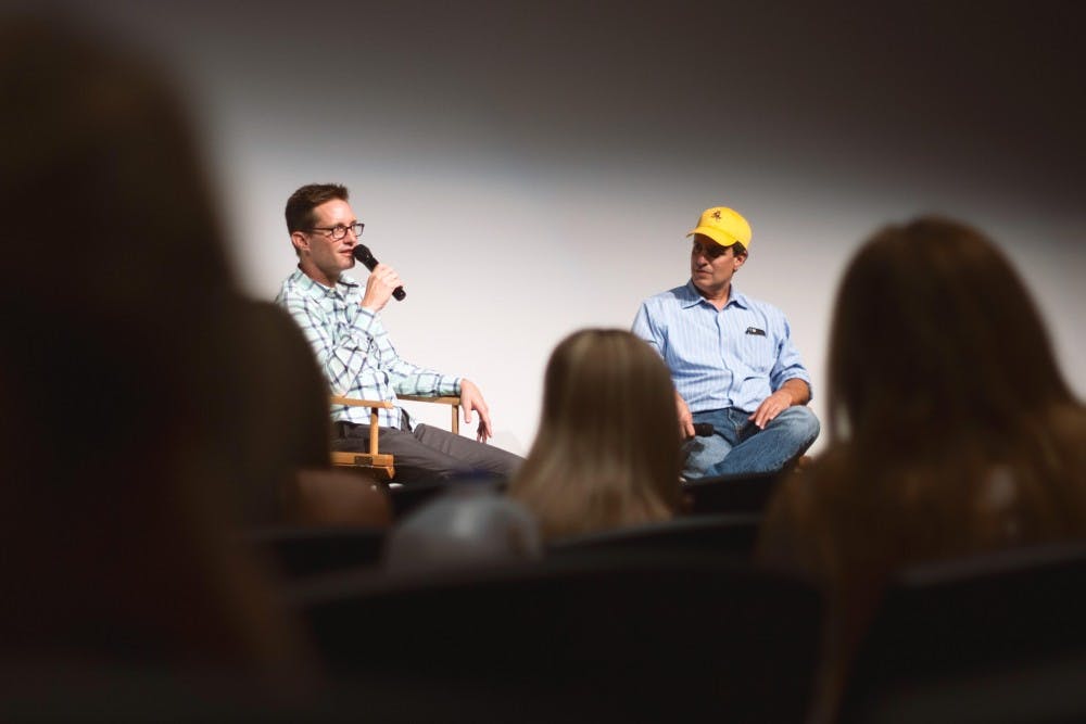 "American Dad!" Co-Creator Mike Barker&nbsp;(left) and Adam Collis&nbsp;(right) answer questions from a Q&A session with ASU Students at the Marston Theater on Wednesday, Sept. 13.