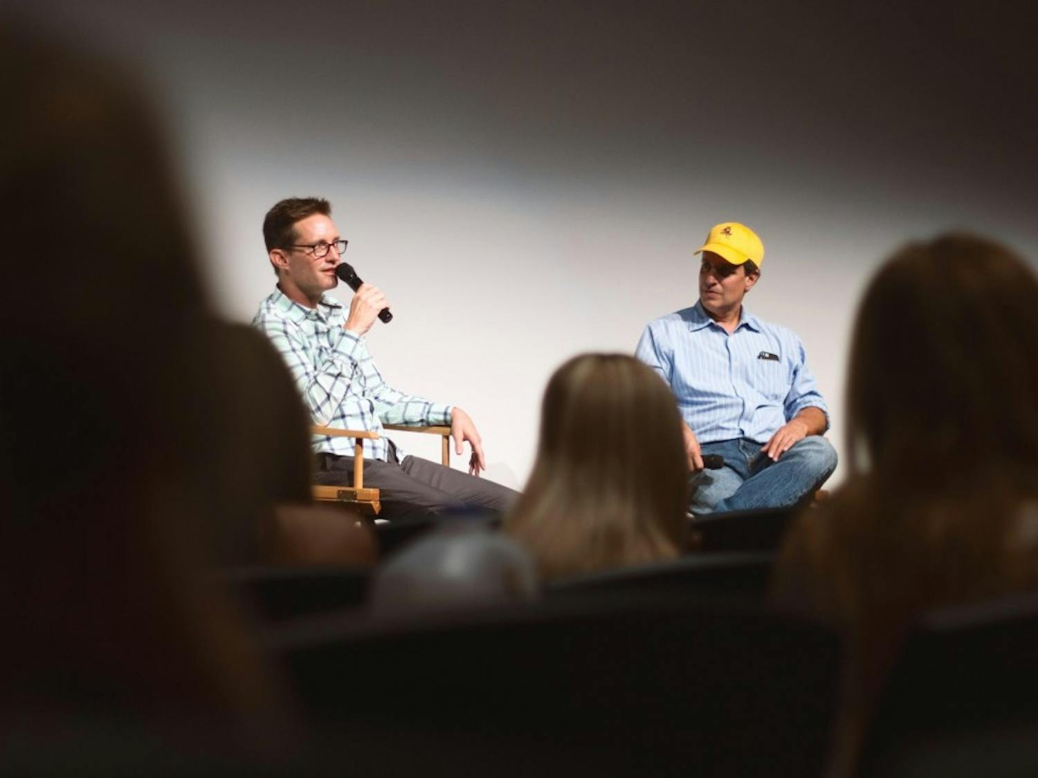 "American Dad!" Co-Creator Mike Barker&nbsp;(left) and Adam Collis&nbsp;(right) answer questions from a Q&A session with ASU Students at the Marston Theater on Wednesday, Sept. 13.