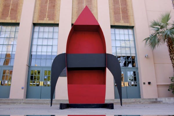 TAKE OFF: A makeshift rocket stands outside the Moeur Building on the Tempe campus Tuesday afternoon. (Photo by Sam Rosenbaum))