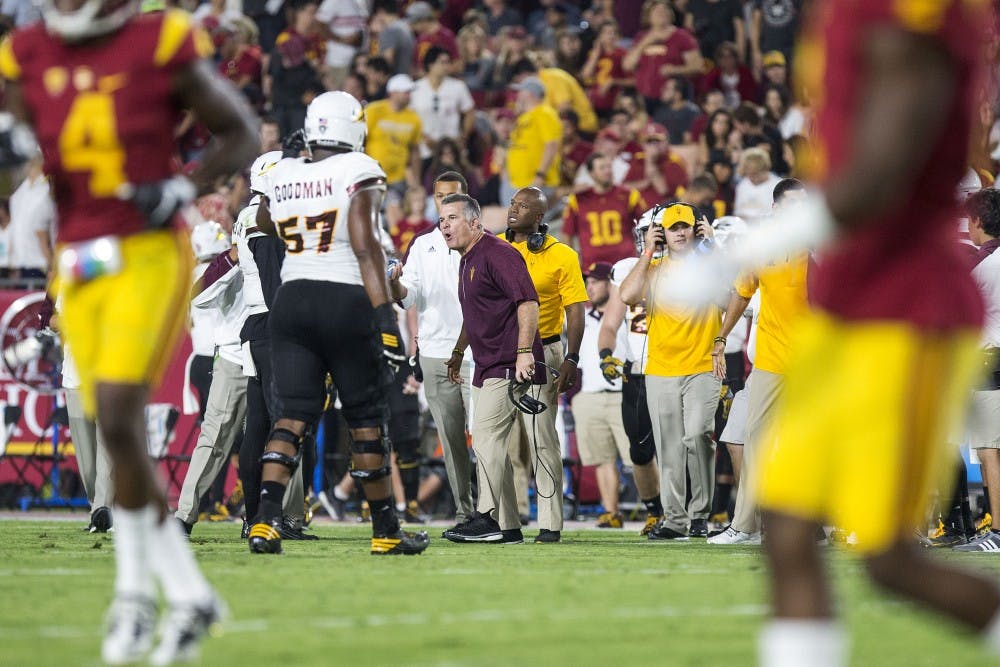 ASU Sun Devils head coach Todd Graham yells to players during a game against the USC Trojans in the Los Angeles Memorial Coliseum on Saturday, Oct. 1, 2016. 