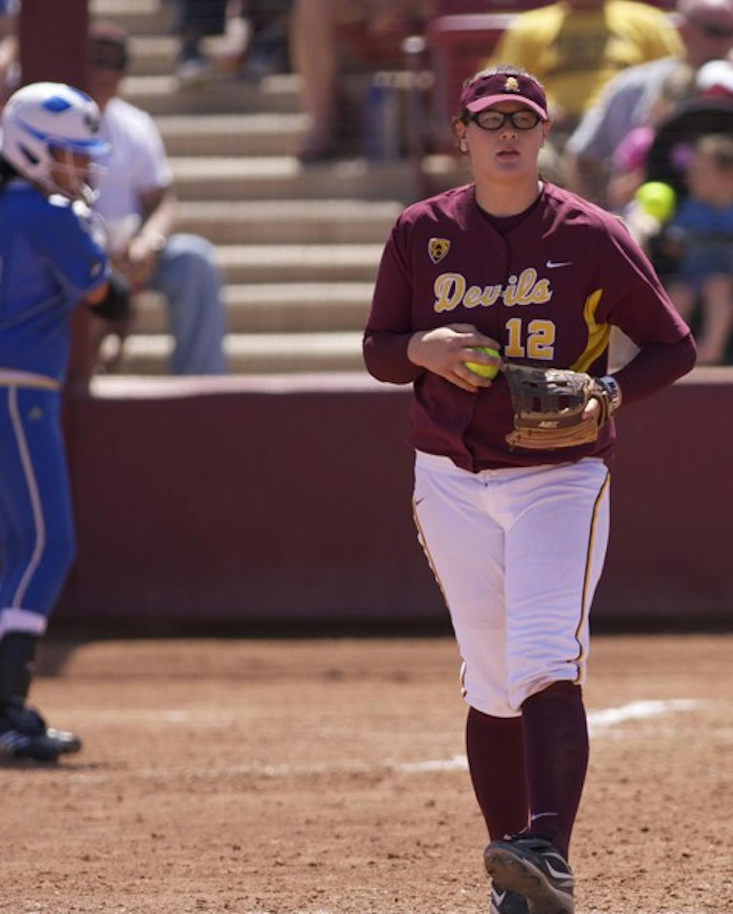 Tough crowd: ASU senior Kaylyn Castillo watches a pitch on the outside during the Sun Devils’ 5-0 win over UCLA.  On Thursday ASU heads to Tucson and Hillenbrand Stadium, where the team has only won once in the last 20 seasons. (Photo by Scott Stuk)