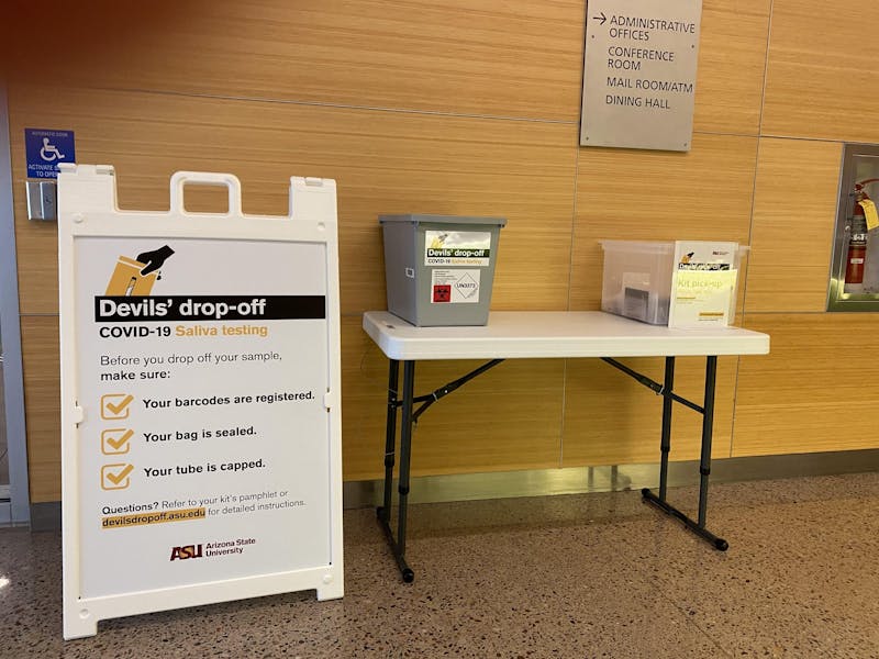 The Devils' Drop off site in the Taylor Place dorms on the ASU Downtown campus is pictured on Thursday, Feb. 4, 2021. Students can pick up and drop off COVID-19 saliva tests from the location.