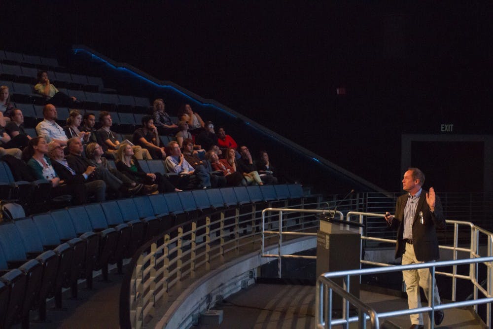 Hugh Possingham, chief scientist of The Nature Conservancy, speaks to an audience about how math can help&nbsp;save species in the Arizona Science Center in Phoenix, Arizona on Monday, Feb 20, 2017.